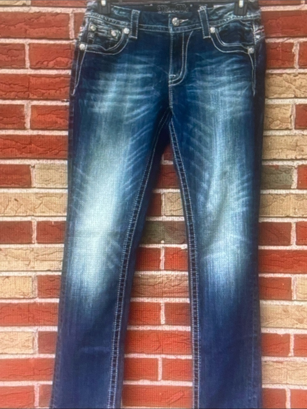 Miss Me Dark Blue Faded Bootcut Jeans with Contrast Stitching